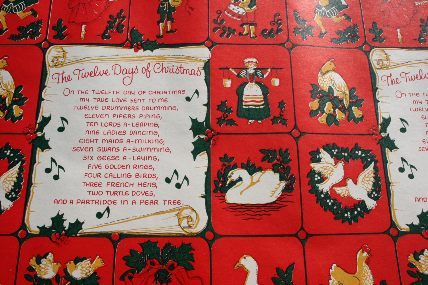 Vintage Christmas Wrapping Paper by the Yard, Twelve Days of Christmas