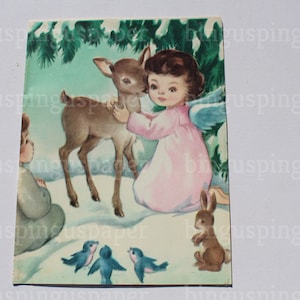 Carte de Noël de cerf étreint rose pastel, oiseaux bleus et lapin, style aquarelle, religieux INUTILISÉ, Scrapbooking, À encadrer