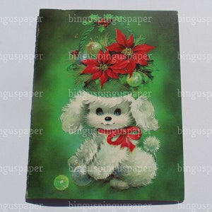 White Poodle on Green Christmas Card, Puppy with Ornament and Poinsettia Hat, Dog Lover Holiday Scrap Booking Crafts