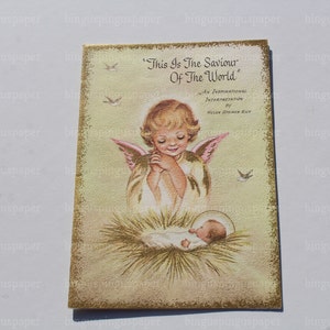 Carte de Noël vintage ange et bébé Jésus poème religieux par Helen Steiner Rice Illustration à l'ancienne des années 50 inutilisée à encadrer
