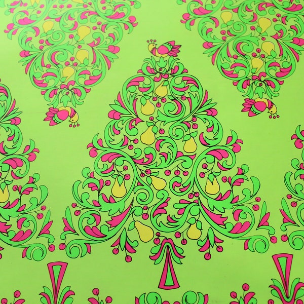 Mod Hot Pink & Lime Green Christmas Tree Gift Wrap Paper by the Yard, Partridge in Pear Tree Retro Wrapping