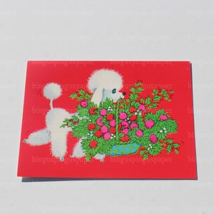 White French Poodle Christmas Card Carrying Basket of Flowers Cute Puppy Dog Greeting Holiday Card