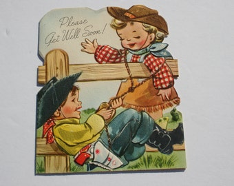 Vintage Unused Kids Get Well Card, Unused Cute Cowboy and Indians Card for Children, Old Fashioned Card, 50s 1950s Card