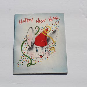 Bunny Rabbit Happy New Year 50s Vintage 3D Pop Out Card Old Fashioned Graphics, Scrap Booking