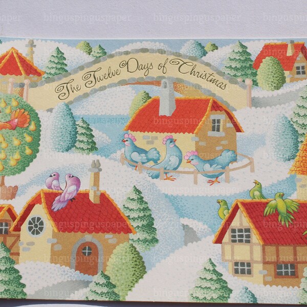 12 Days of Christmas Card Hallmark Unused Trifold, Partridge Pear Tree Swans, Cute Holiday Graphics Scrap Booking