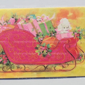 White Poodle Riding Pink Sleigh Christmas Card, Mod Unused Cute Puppy Dog 50s 1950s Holiday
