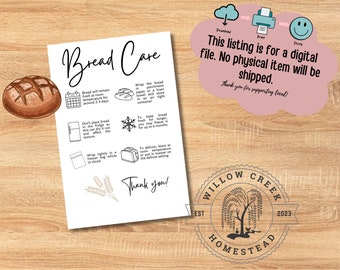 Sourdough Bread Care Card | Homemade Bread Care Card | Printable