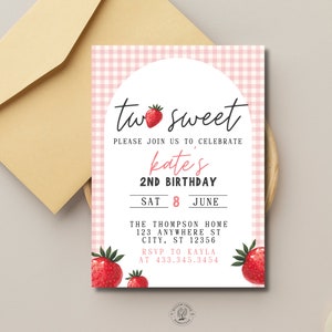 EDITABLE Second Birthday Invitation | Two Sweet Strawberry Birthday | Girl Birthday | 2nd Birthday | Canva Template | Digital or Printable