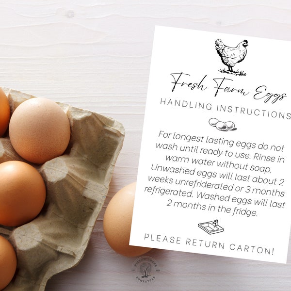 PRINTABLE Farm Fresh Egg Handling Instructions | Printable Card or Sticker | Instant Download | PDF | Homestead Essentials | Egg Stand