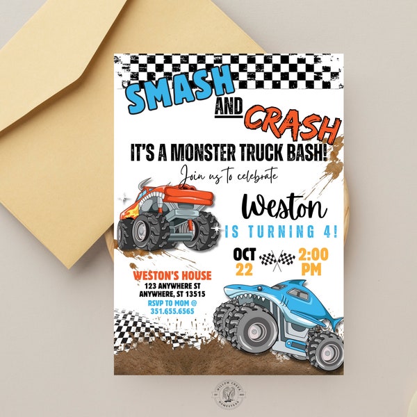 EDITABLE Boy Birthday Invitation | Monster Truck Birthday Invite | Canva Edit | Boys Trucks Birthday | Printable or Digital
