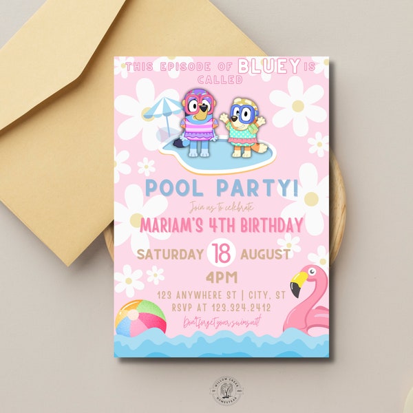 EDITABLE Bluey Pool Party Birthday Invitation Canva Template Instant Download Kids Toddler Girl Birthday Invite