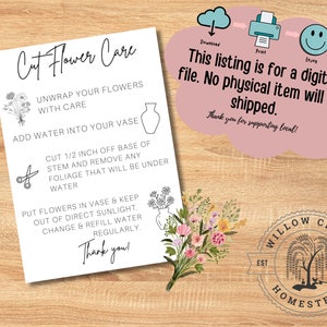 PRINTABLE Cut Flower Care Card | Fresh Bouquet Care Instructions | Cut Flowers | Printable | Farm Stand Essentials | Flower Farm