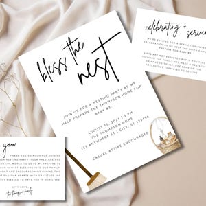 May include: A white card with black text that reads "bless the nest" and details for a nesting party. The card is decorated with a broom and a basket of baby items. The text on the card includes the date, time, and location of the party. The card also includes the phrase "Casual attire encouraged."