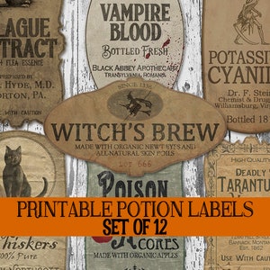 Halloween Bottle Label Printables, Apothecary Labels, Halloween Potion Labels, Vintage Potion Bottle Labels, Witch Ephemera Decorations