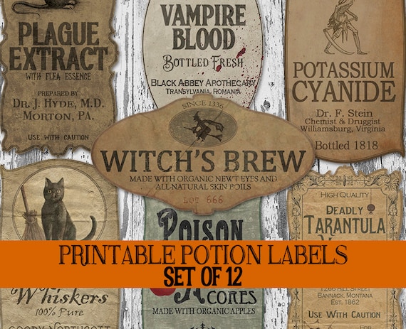 Halloween Bottle Label Printables, Apothecary Labels, Halloween Potion Labels, Vintage Potion Bottle Labels, Witch Ephemera Decorations