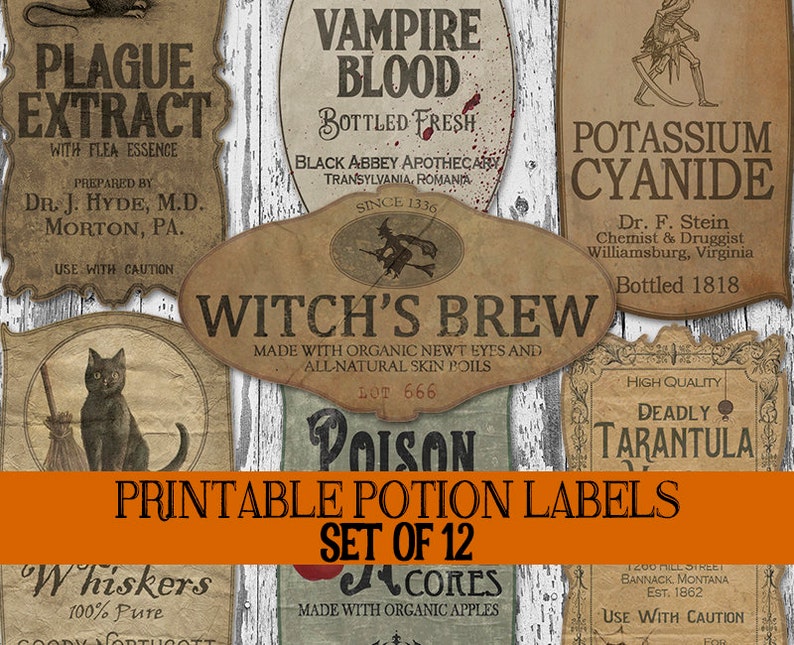 May include: A set of 12 printable potion labels with vintage-inspired designs. The labels feature spooky illustrations and text, such as "Vampire Blood", "Witch's Brew", and "Deadly Tarantula".