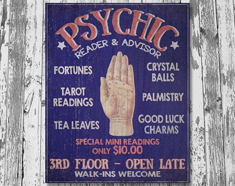 Wydrukowalne dekoracje psychiczne na Halloween, dekoracja w stylu vintage wróżbity, znak na imprezę z kartami tarota, obozowe czytanie psychiczne do wydrukowania na Halloween