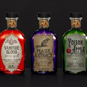 May include: Three glass bottles with cork stoppers and vintage-style labels. The labels are for "Vampire Blood", "Plague Extract", and "Poison Apple Cores".