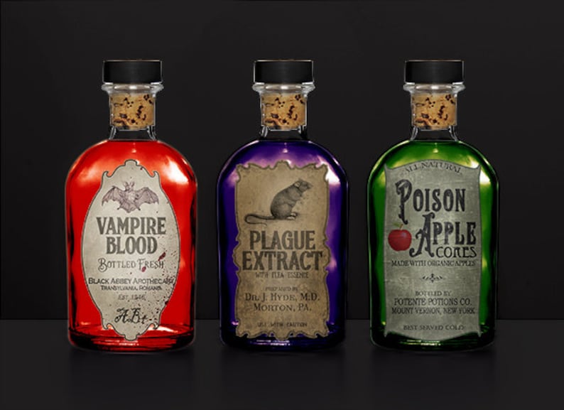 May include: Three glass bottles with cork stoppers and vintage-style labels. The labels are for "Vampire Blood", "Plague Extract", and "Poison Apple Cores".