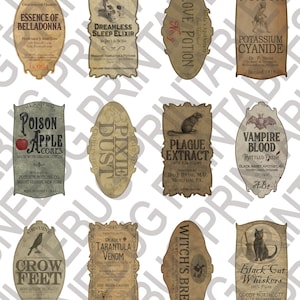 May include: Ten vintage-style potion bottle labels with Halloween themes. The labels feature illustrations of skulls, bats, spiders, cats, and other spooky imagery. The labels are printed on aged paper with a distressed look. The labels include text such as "Poison Apple Cores", "Dreamless Sleep Elixir", "Vampire Blood", and "Witch's Brew".