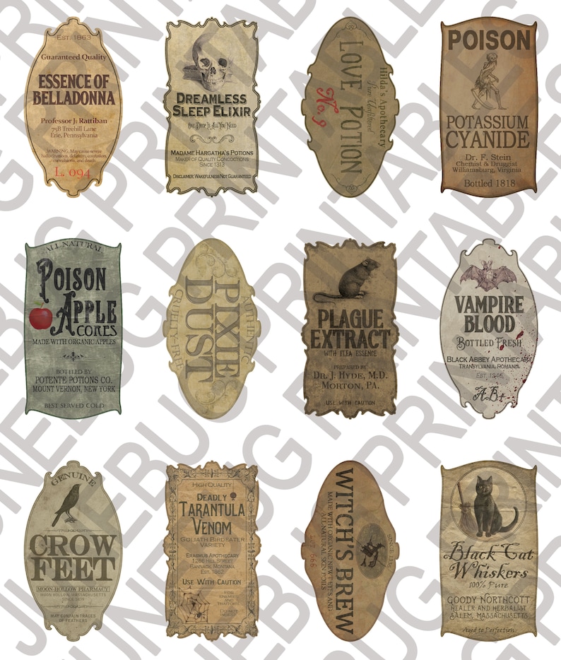 May include: Ten vintage-style potion bottle labels with Halloween themes. The labels feature illustrations of skulls, bats, spiders, cats, and other spooky imagery. The labels are printed on aged paper with a distressed look. The labels include text such as "Poison Apple Cores", "Dreamless Sleep Elixir", "Vampire Blood", and "Witch's Brew".