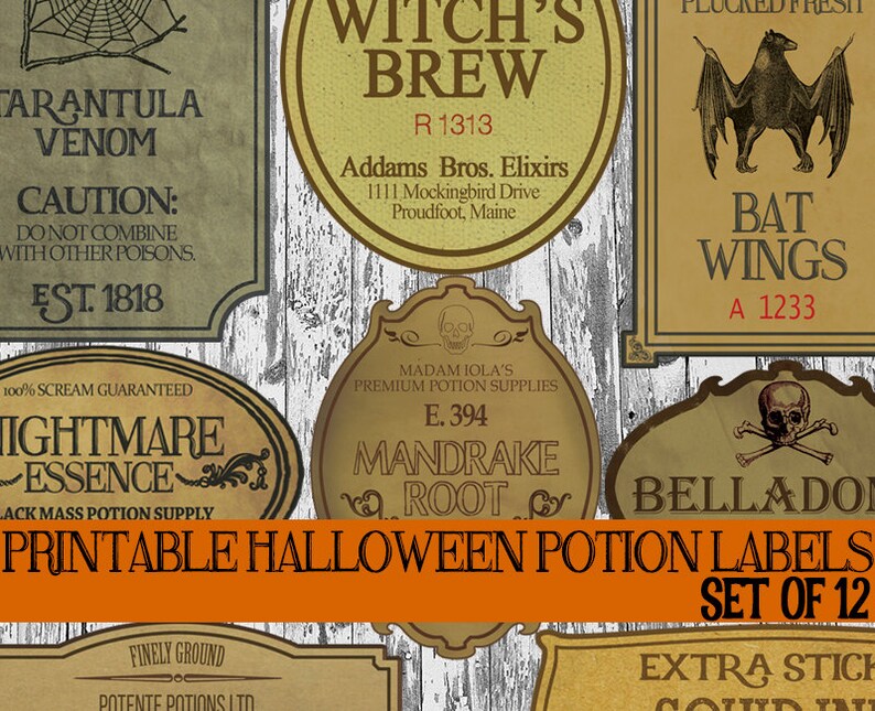 DIY Halloween Bottle Label Printables, Apothecary Labels, Halloween Potion Labels, Vintage Potion Bottle Labels, Witch Spell Decorations 