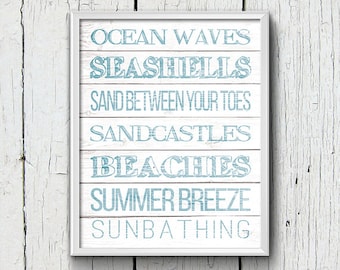 Beach Printable, Subway Art, Blue, Faded Wood, Wall Art, Digital Download Art, Seashells, Sandcastles, Beaches, Ocean, 8x10, Bathroom Print