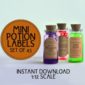 45 Printable Miniature Potion Labels, Halloween Dollhouse Apothecary Labels, Tiny Bottle Labels, Mini Digital Collage Sheet, Tags Download