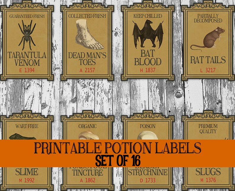 May include: Set of 16 printable potion labels with a vintage design. Each label features a different spooky ingredient, such as "Tarantula Venom" and "Bat Blood", with decorative frames and text. The labels are on a weathered wood background.