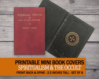 8 Mini Halloween Book Covers, Printable Antique Occult Book Set, Miniature Astrology Dollhouse Spiritualism, 1:6 Scale Collage Sheet