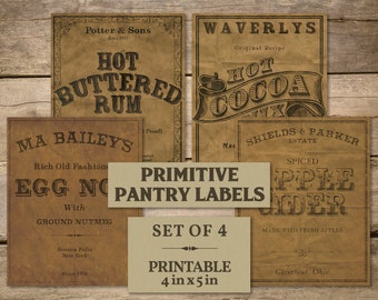 Country Christmas Primitive Pantry Label, Aged Fabric Transfer Printable, Vintage Country Scrapbook Ephemera, Drink Collage Sheet Clip Art