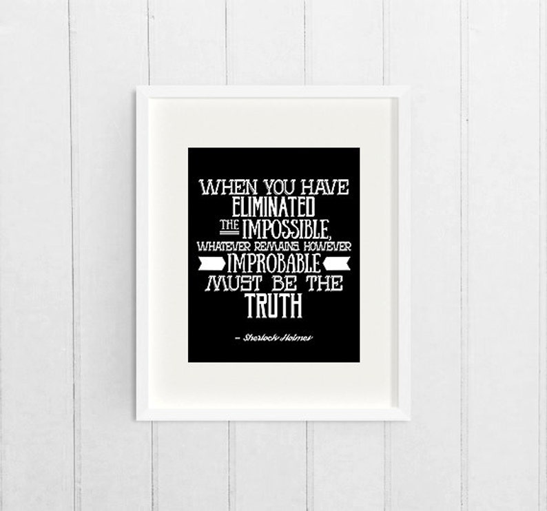 Sherlock Holmes Poster Quote Art, Black and White Apartment Decor, Sherlock Wall Art, Eliminated the Impossible, Back to School Dorm Poster image 2