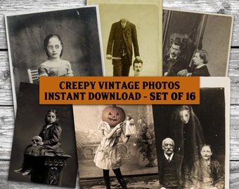 Wydrukowalne przerażające zdjęcia vintage, przerażające obrazy kolażu cyfrowego Halloween, antyczne efemerydy clipart do scrapbookingu, dziwne dekoracje dziennika śmieci