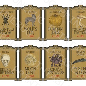 May include: A collection of eight vintage-style apothecary labels with ornate gold frames. The labels feature illustrations of a tarantula, wolf, pumpkin, mushroom, skull, moon, octopus, and slug, with text such as "Tarantula Venom" and "Pickled Slugs."