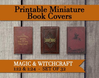 32 miniaturowe okładki książek na Halloween, zestaw antycznych książek magicznych do druku, miniaturowy arkusz kolażu czarownic z domku dla lalek, zabytkowa książka aptekarska w skali 1:12