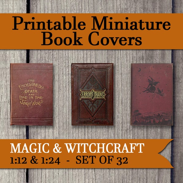 32 Mini Halloween Book Covers, Printable Antique Magic Book Set, Miniature Dollhouse Witch Collage Sheet, Vintage 1:12 Scale Apothecary Book