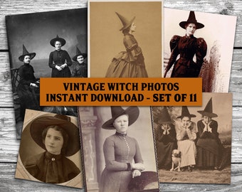 Printable Vintage Halloween Witches, Digital Collage Antique Witch Photos, Scrapbook Ephemera Clip Art, Junk Journal Download Decorations