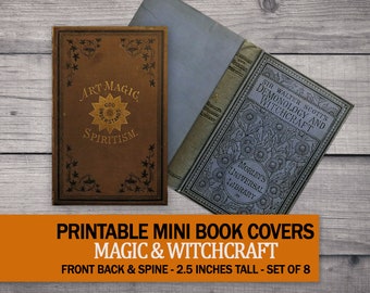 8 Mini Halloween Book Covers, Printable Magic Witch Spellbook Set, Miniature Book of Shadows Dollhouse Library, Antique Occult Potion Book