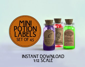 45 Mini Halloween Potion Labels, Drukowane etykiety na szafki dla lalek czarownic, Etykiety na małe butelki apteczne, Miniaturowy cyfrowy kolaż do pobrania