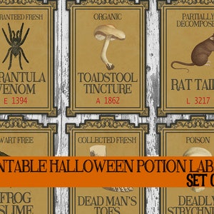 May include: Set of 16 printable Halloween potion labels. Each label features a vintage design with illustrations of a tarantula, toadstool, and rat. The labels include text such as "Tarantula Venom" and "Rat Tails."