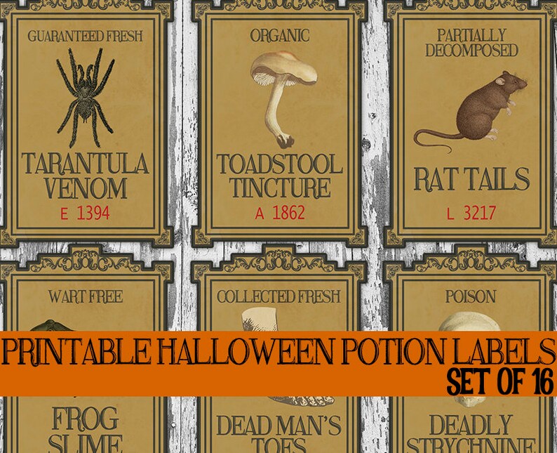 May include: Set of 16 printable Halloween potion labels. Each label features a vintage design with illustrations of a tarantula, toadstool, and rat. The labels include text such as "Tarantula Venom" and "Rat Tails."