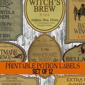 DIY Halloween Bottle Label Printables, Apothecary Labels, Halloween Potion Labels, Vintage Potion Bottle Labels, Witch Spell Decorations