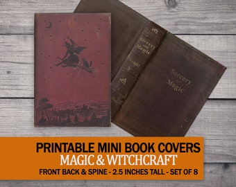 8 miniaturowych okładek książek na Halloween, zestaw do druku okultystycznych ksiąg czarów, miniaturowa biblioteka nawiedzonych domków dla lalek, arkusz kolażu czarodziejów w skali 1:6