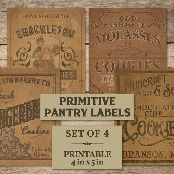 Printable Country Christmas Cookie Pantry Labels, Vintage Ad Scrapbook Ephemera, Primitive Collage Sheet Clip Art, Aged Fabric Transfer