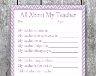 All About My Teacher Printable, Last Minute Holiday Gift for Teacher, DIY Christmas Thank You Card, Xmas Teacher Appreciation Gift from Kid