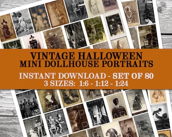 80 miniaturowych portretów na Halloween, przerażające zdjęcia starych domków dla lalek, gotycka wiedźma, przerażająca miniaturowa kolażowa karta gabinetowa