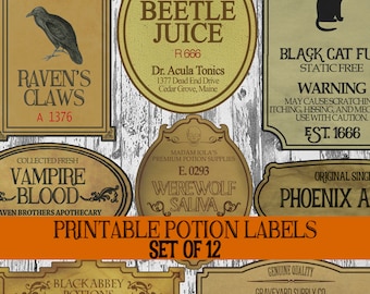 DIY Halloween Potion Label Printables, Apothecary Labels, Halloween Bottle Labels, Digital Clip Art Graphics, Witch Scrapbook Embellishments