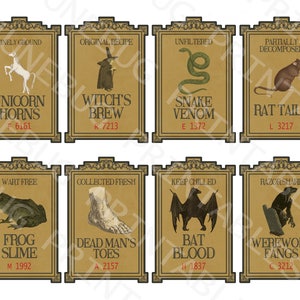 May include: Eight vintage-style apothecary labels with gold frames and brown backgrounds. Each label features a different ingredient, including "Unicorn Horns," "Witch's Brew," and "Bat Blood." The labels have decorative borders and text in a classic font.