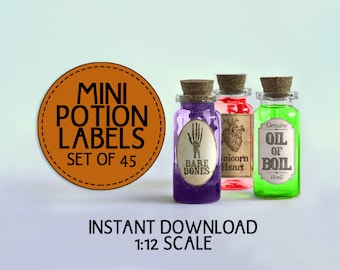45 Printable Miniature Potion Labels, Halloween Dollhouse Apothecary Labels, Tiny Bottle Labels, Mini Digital Collage Sheet, Tags Download