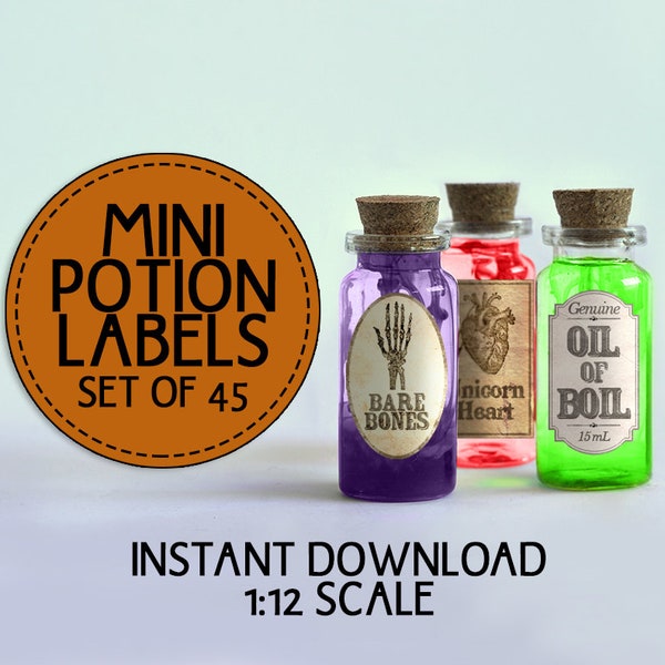 45 Printable Miniature Potion Labels, Halloween Dollhouse Apothecary Labels, Tiny Bottle Labels, Mini Digital Collage Sheet, Tags Download